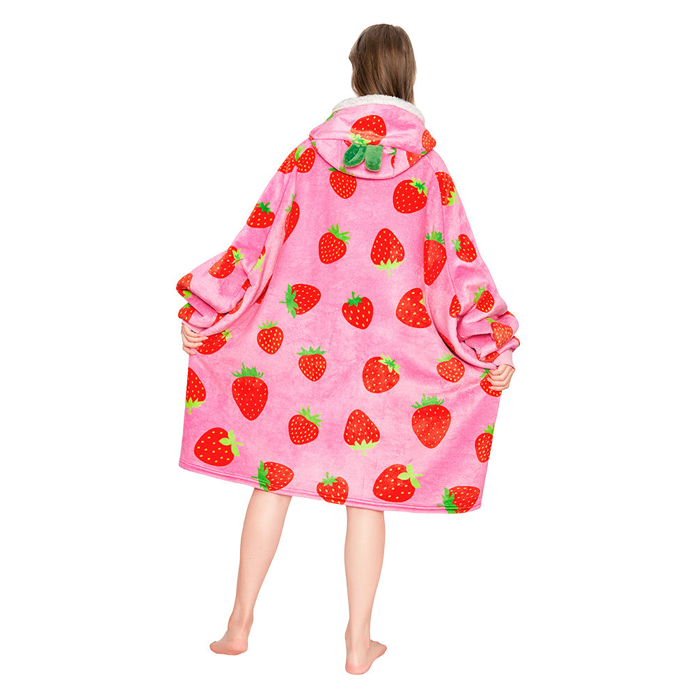 OLAOLA Strawberry Wearable Blanket Hoodie For Adult Oversized Food Onesie Hooded Blanket Soft Warm Cozy Sherpa Fleece Sweatshirt