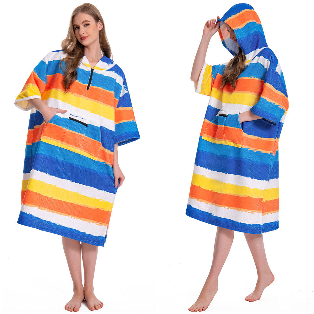 OLAOLA Stripes Printed Surf Poncho Changing Towel Swim Robe Quick Dry Terry Cloth Cover-Up Hood Beach Towels