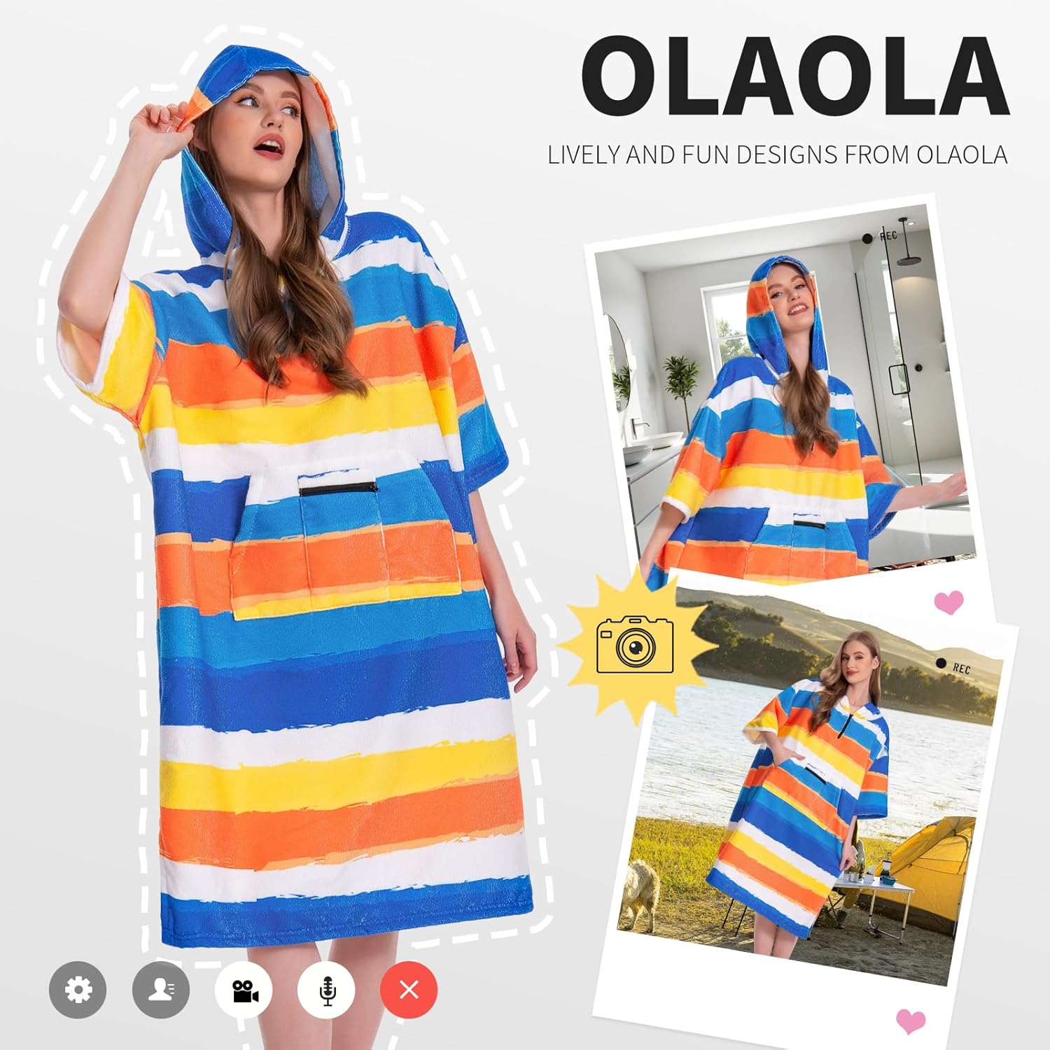 OLAOLA Stripes Printed Surf Poncho Changing Towel Swim Robe Quick Dry Terry Cloth Cover-Up Hood Beach Towels
