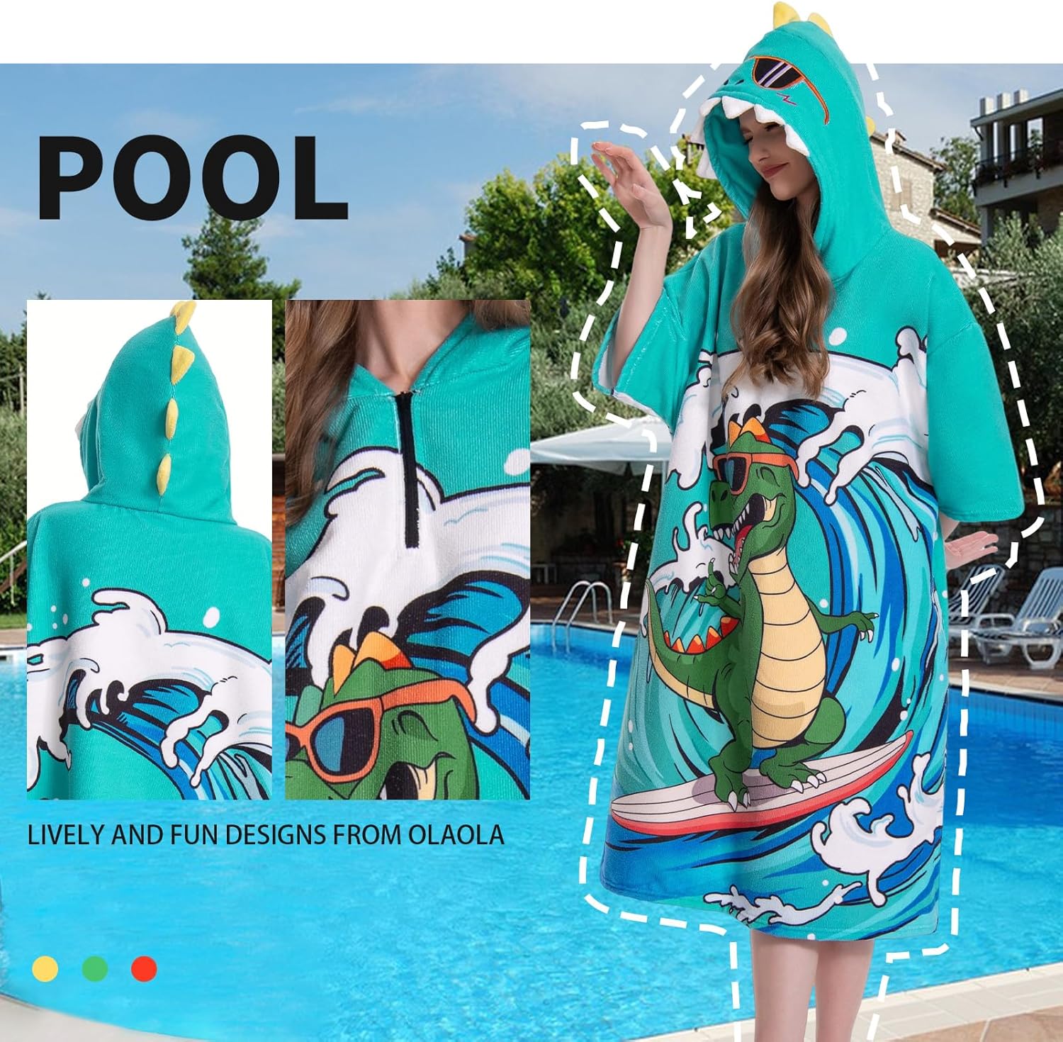 OLAOLA Swim Robe Wave Dinosaur Printed Animals Onesie Beach Towels Quick Dry Terry Cloth Cover-Up Hood Outdoor