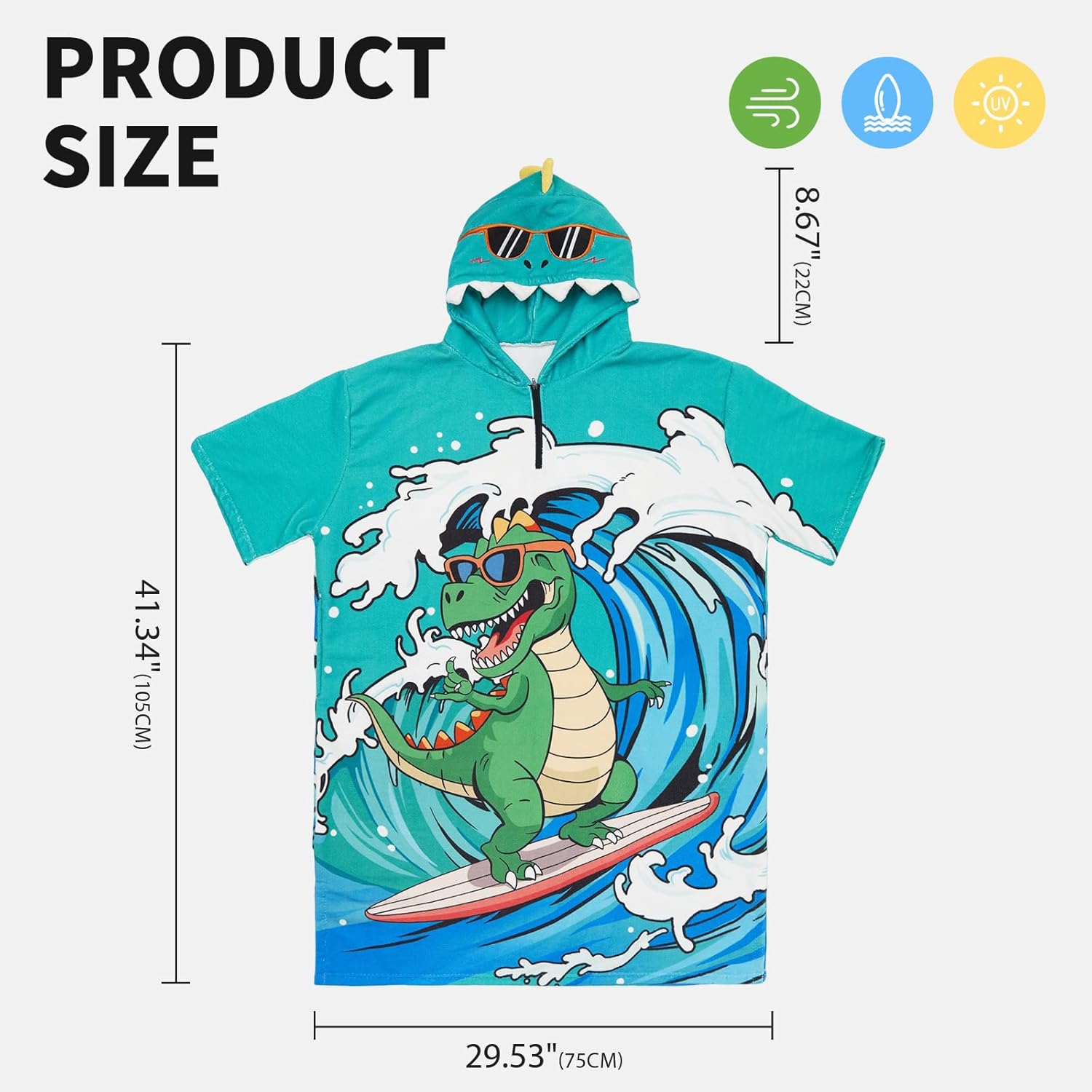 OLAOLA Swim Robe Wave Dinosaur Printed Animals Onesie Beach Towels Quick Dry Terry Cloth Cover-Up Hood Outdoor