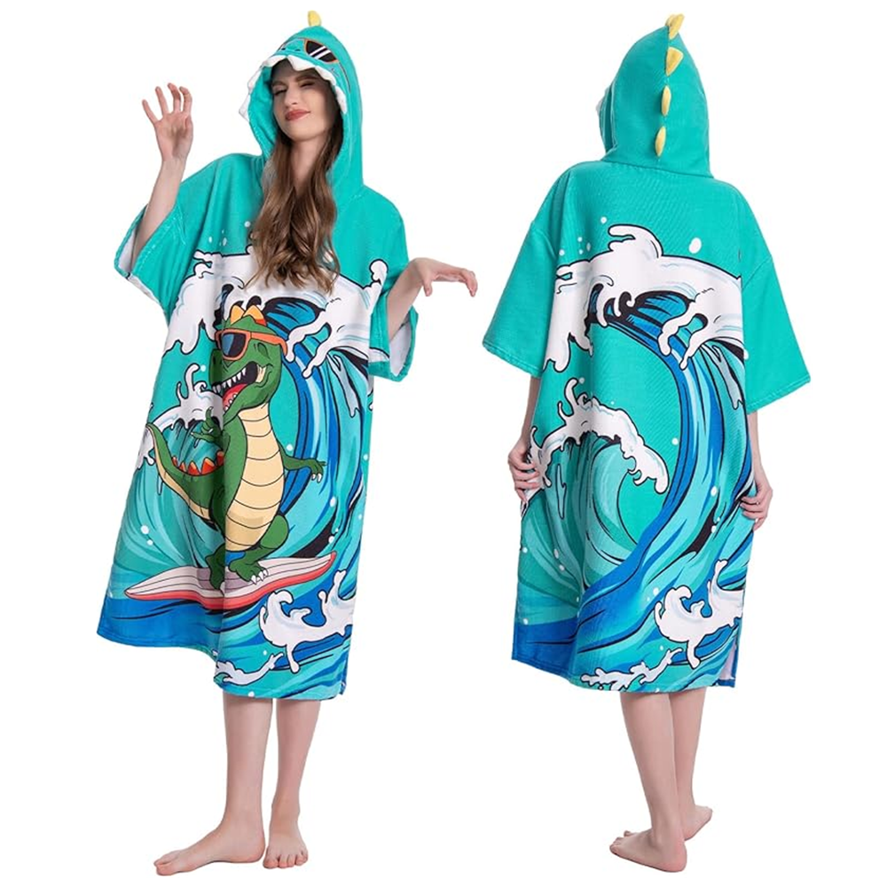 OLAOLA Swim Robe Wave Dinosaur Printed Animals Onesie Beach Towels Quick Dry Terry Cloth Cover-Up Hood Outdoor
