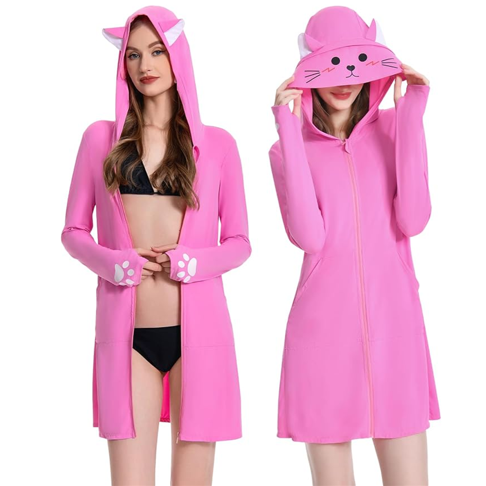 OLAOLA UPF 50+ Sun Protection Jacket Pink Cat Sunscreen Hoodie Full Zip Lightweight Long Sleeve Hiking Outdoor