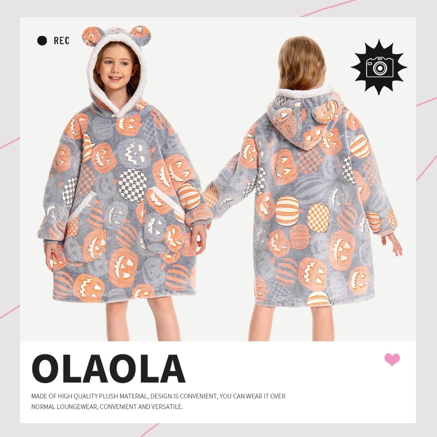 OLAOLA Unisex Adult Kids Plush Pumpkin Wearable Blanket Hoodie Warm Home One-Piece Sleepwear