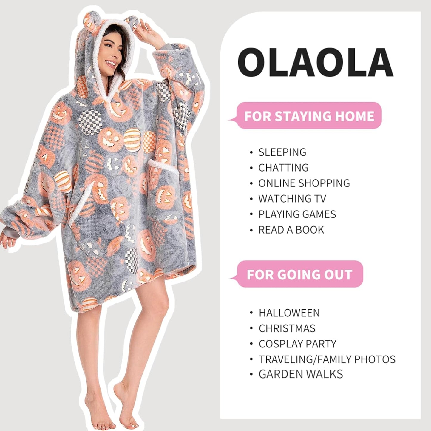 OLAOLA Unisex Adult Kids Plush Pumpkin Wearable Blanket Hoodie Warm Home One-Piece Sleepwear