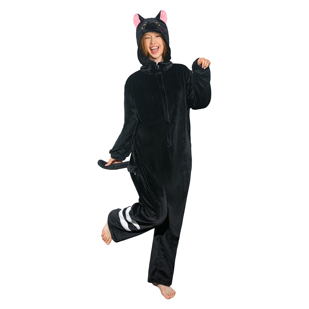 OLAOLA Unisex Adult Plush Black Cat Animals Onesie Pajamas Warm Home Pet One-Piece Sleepwear