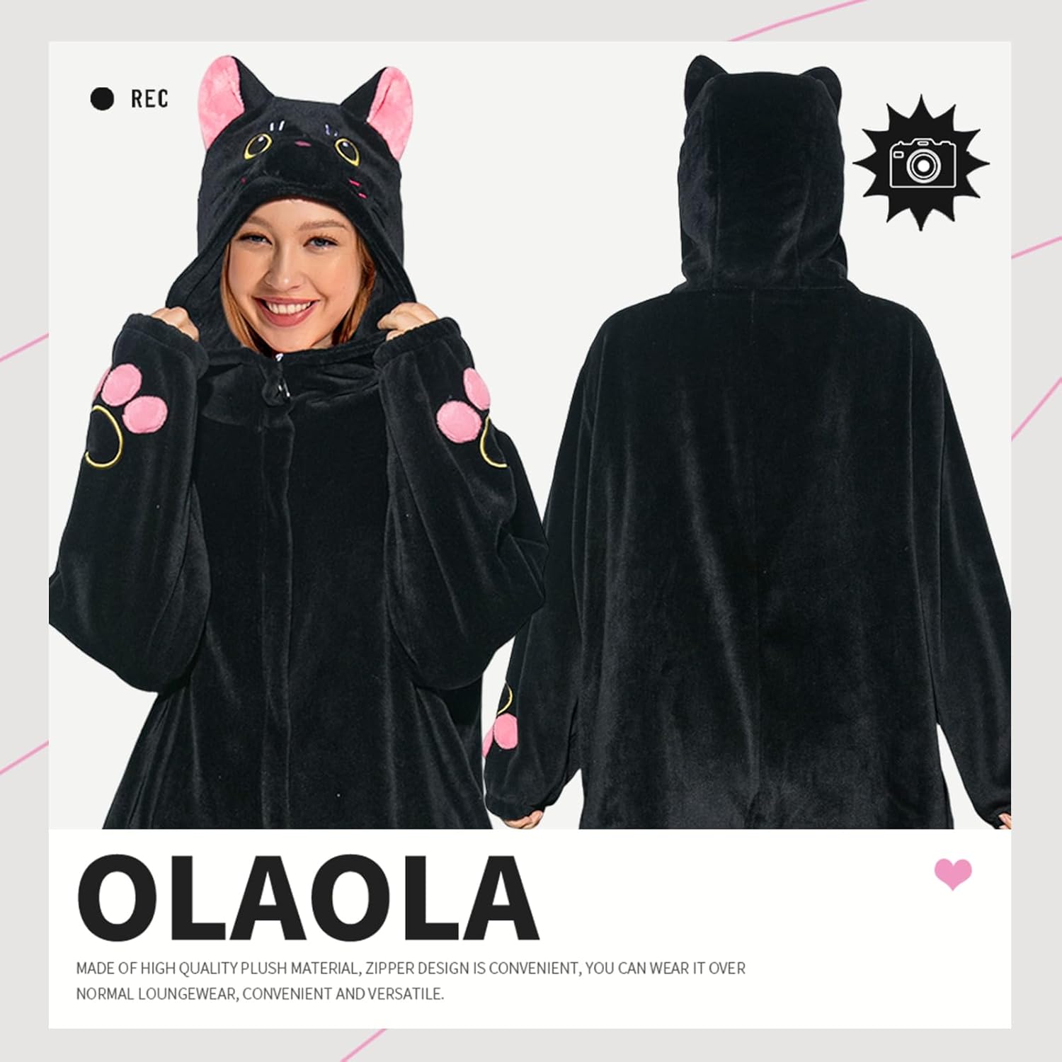 OLAOLA Unisex Adult Plush Black Cat Animals Onesie Pajamas Warm Home Pet One-Piece Sleepwear