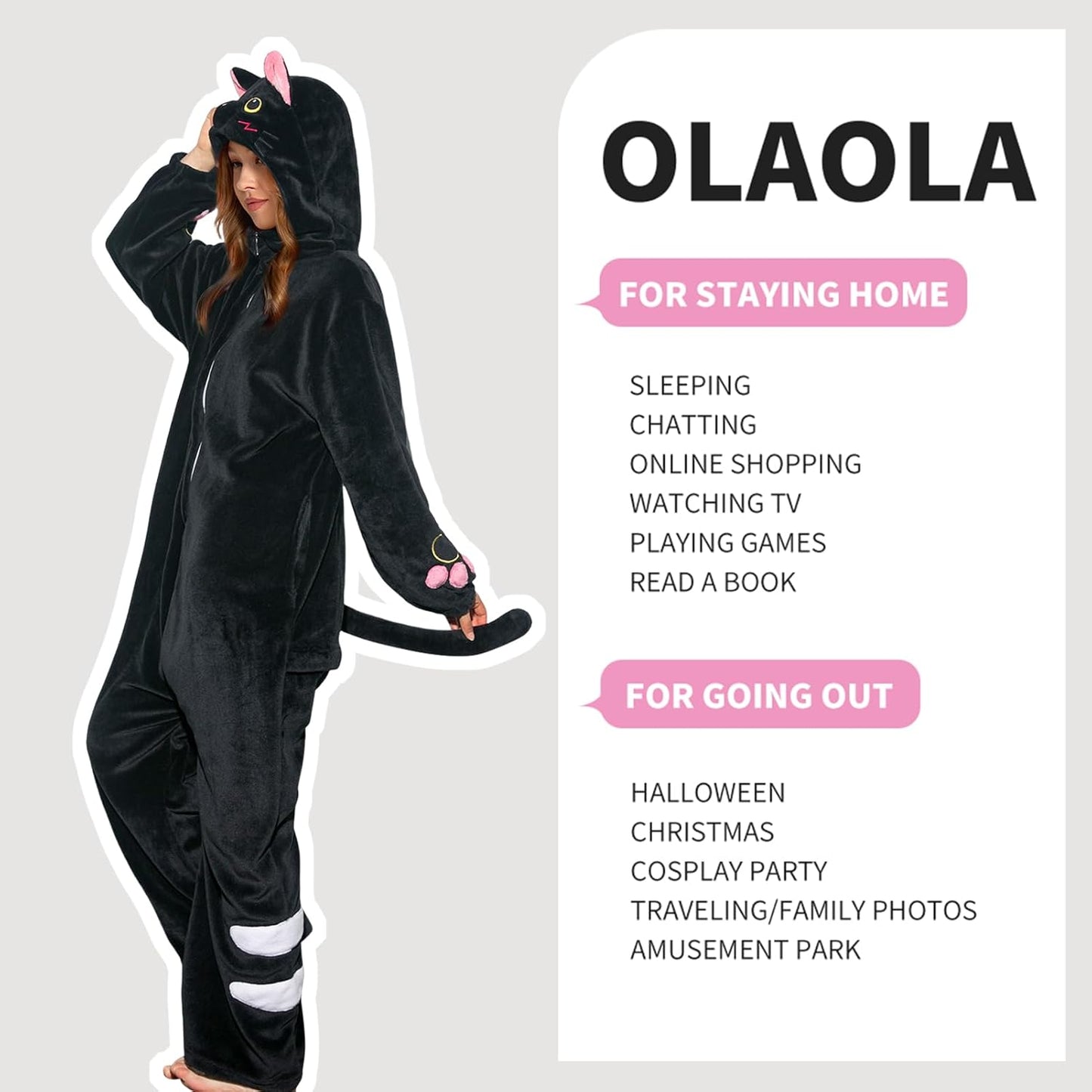 OLAOLA Unisex Adult Plush Black Cat Animals Onesie Pajamas Warm Home Pet One-Piece Sleepwear