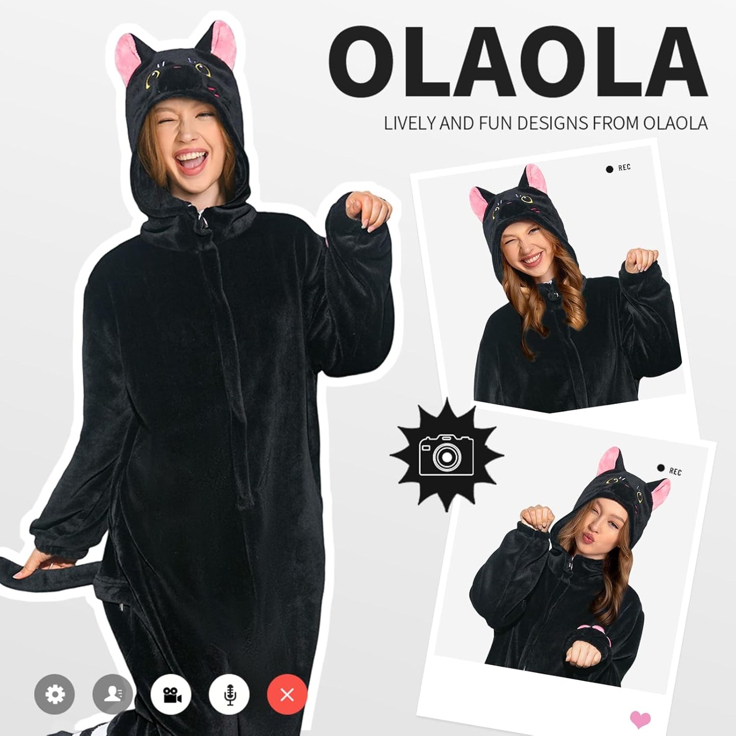 OLAOLA Unisex Adult Plush Black Cat Animals Onesie Pajamas Warm Home Pet One-Piece Sleepwear