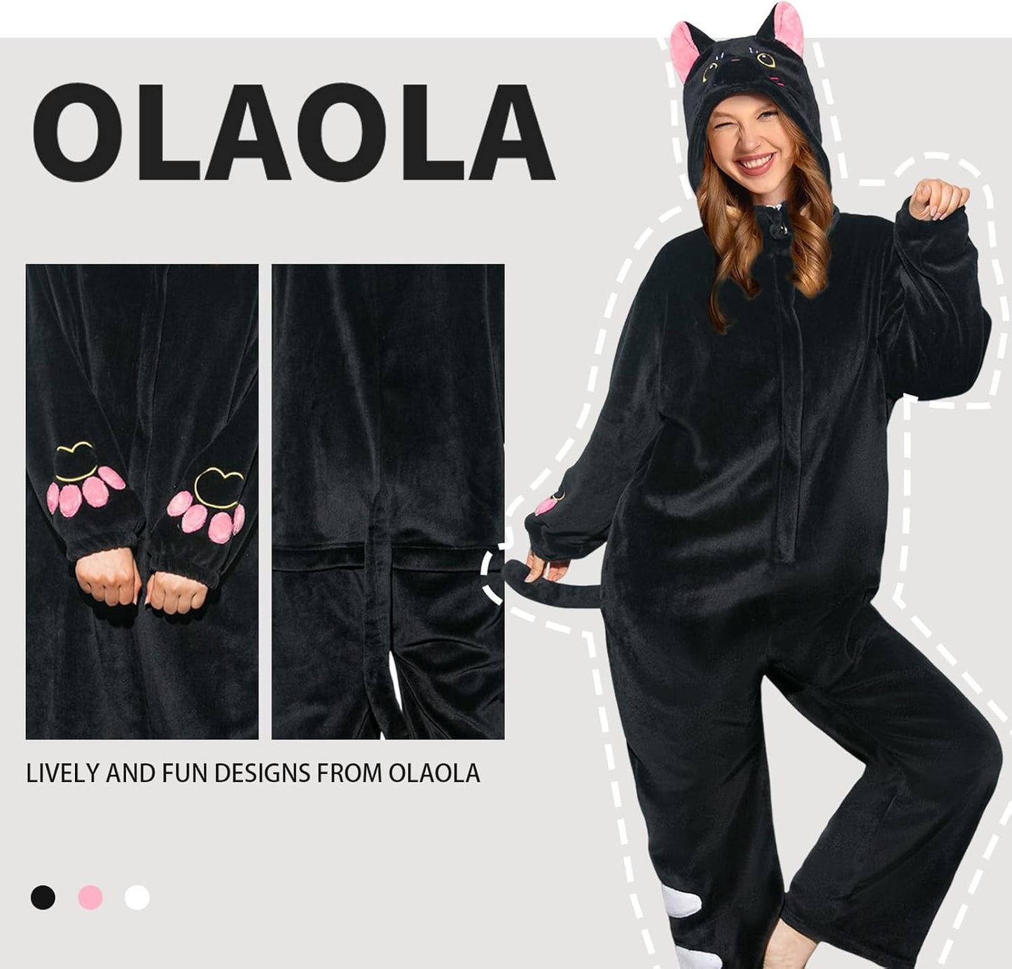OLAOLA Unisex Adult Plush Black Cat Animals Onesie Pajamas Warm Home Pet One-Piece Sleepwear