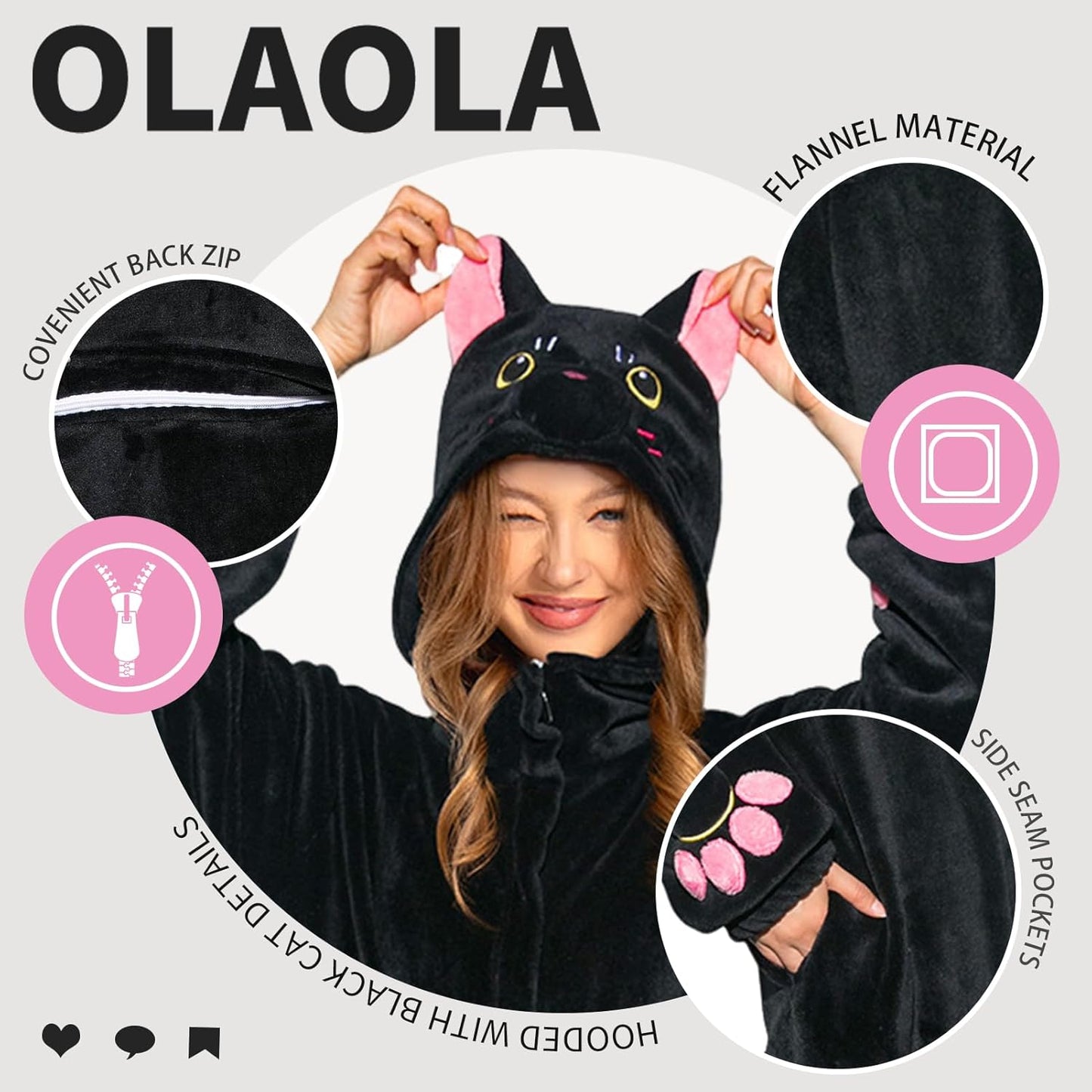 OLAOLA Unisex Adult Plush Black Cat Animals Onesie Pajamas Warm Home Pet One-Piece Sleepwear
