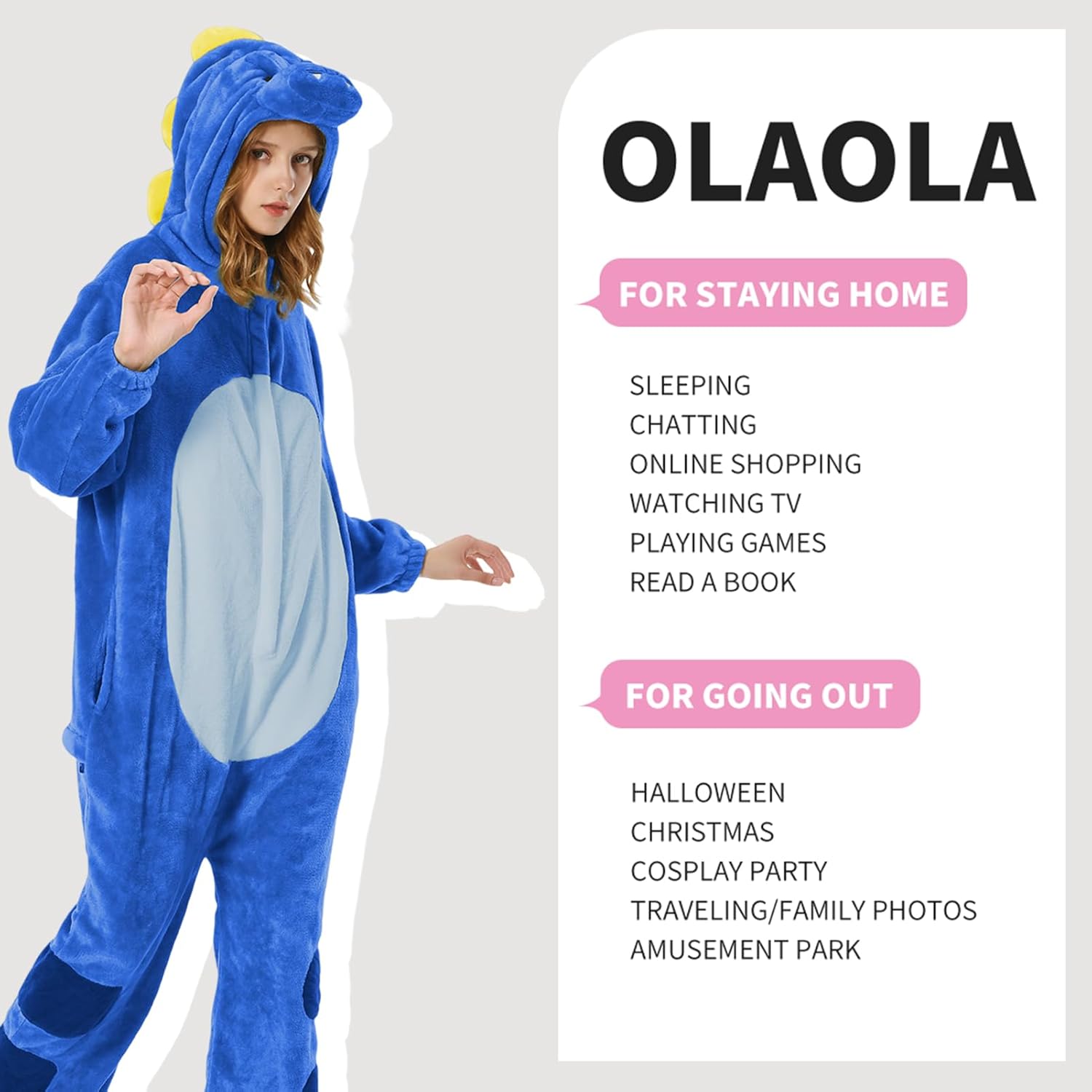 OLAOLA Unisex Adult Plush Blue Dinosaur Animals Onesie Pajamas Warm Home One-Piece Sleepwear