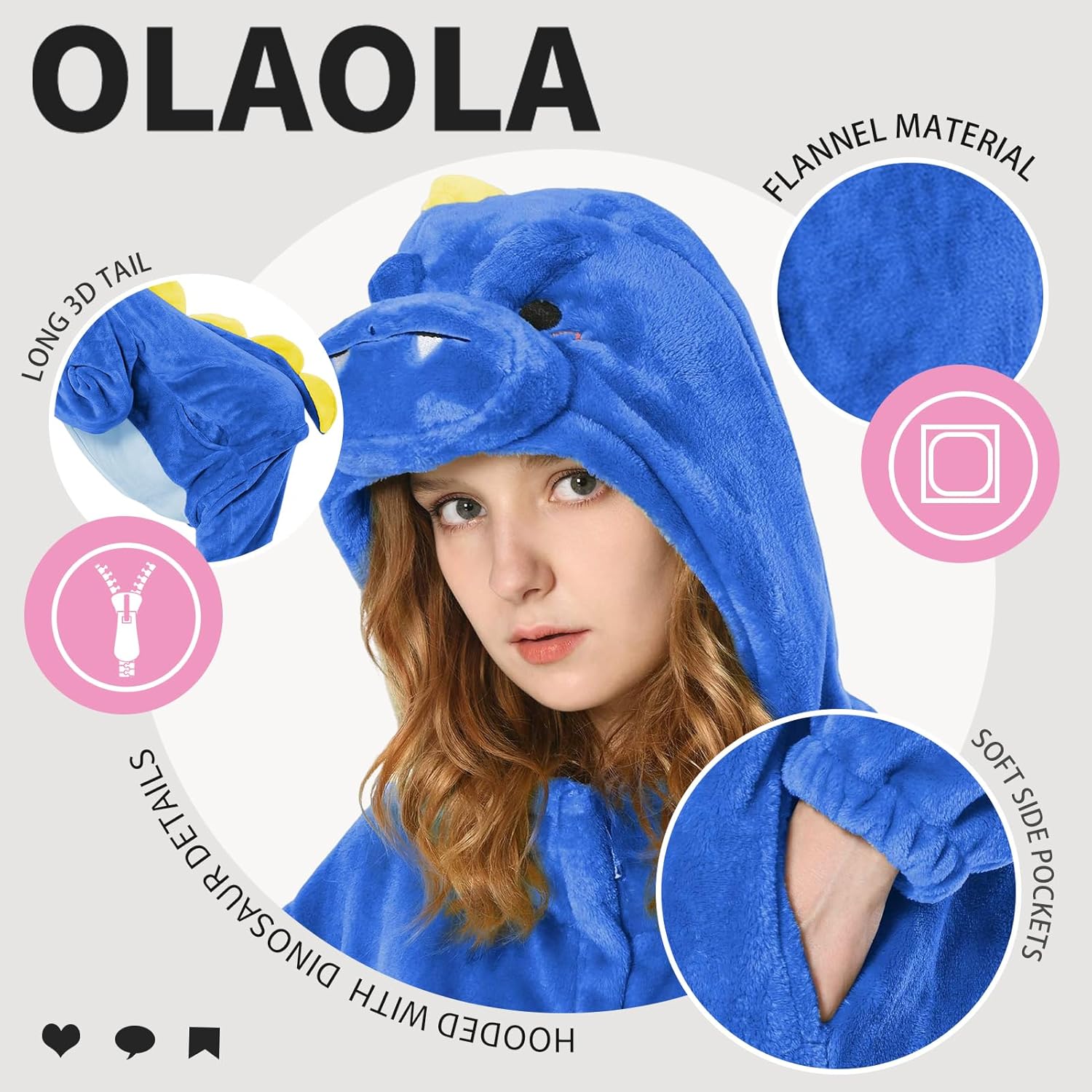 OLAOLA Unisex Adult Plush Blue Dinosaur Animals Onesie Pajamas Warm Home One-Piece Sleepwear