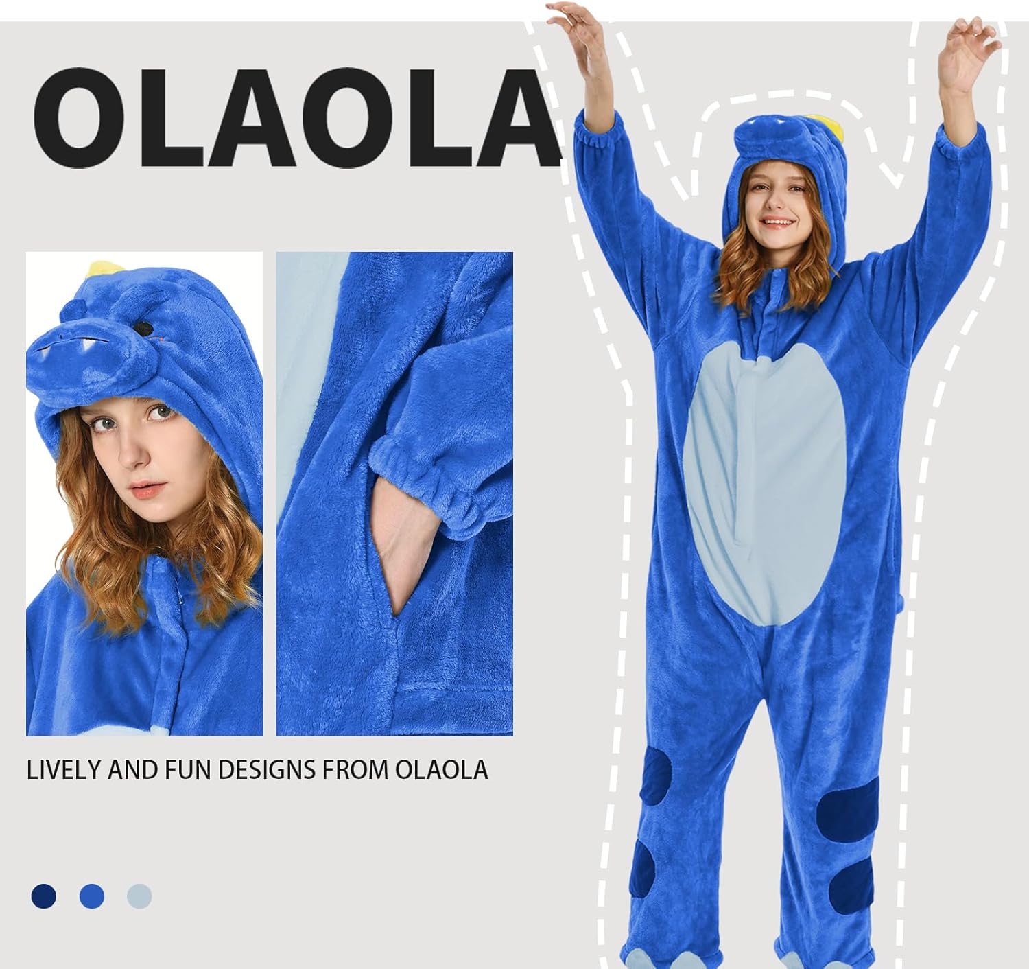 OLAOLA Unisex Adult Plush Blue Dinosaur Animals Onesie Pajamas Warm Home One-Piece Sleepwear