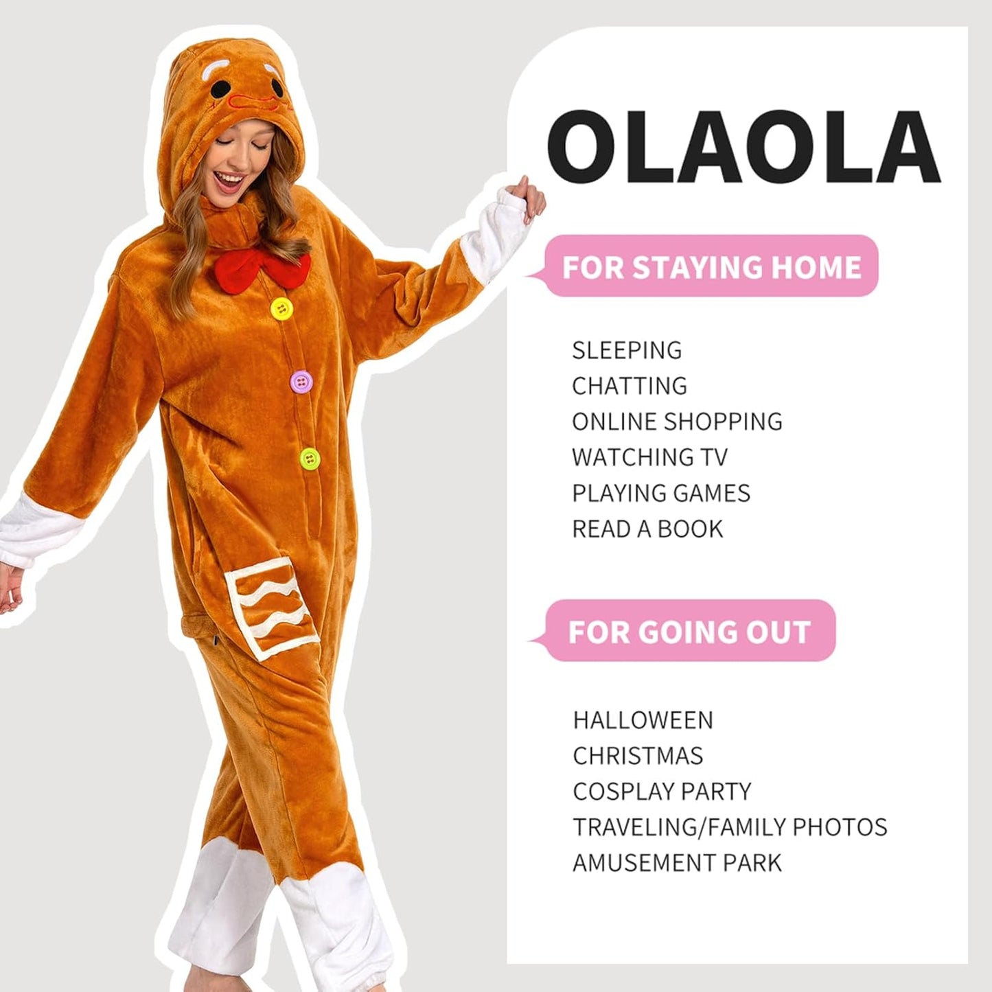 OLAOLA Unisex Adult Plush Gingerbread Onesie Christmas Pajamas Warm Home One-Piece Sleepwear
