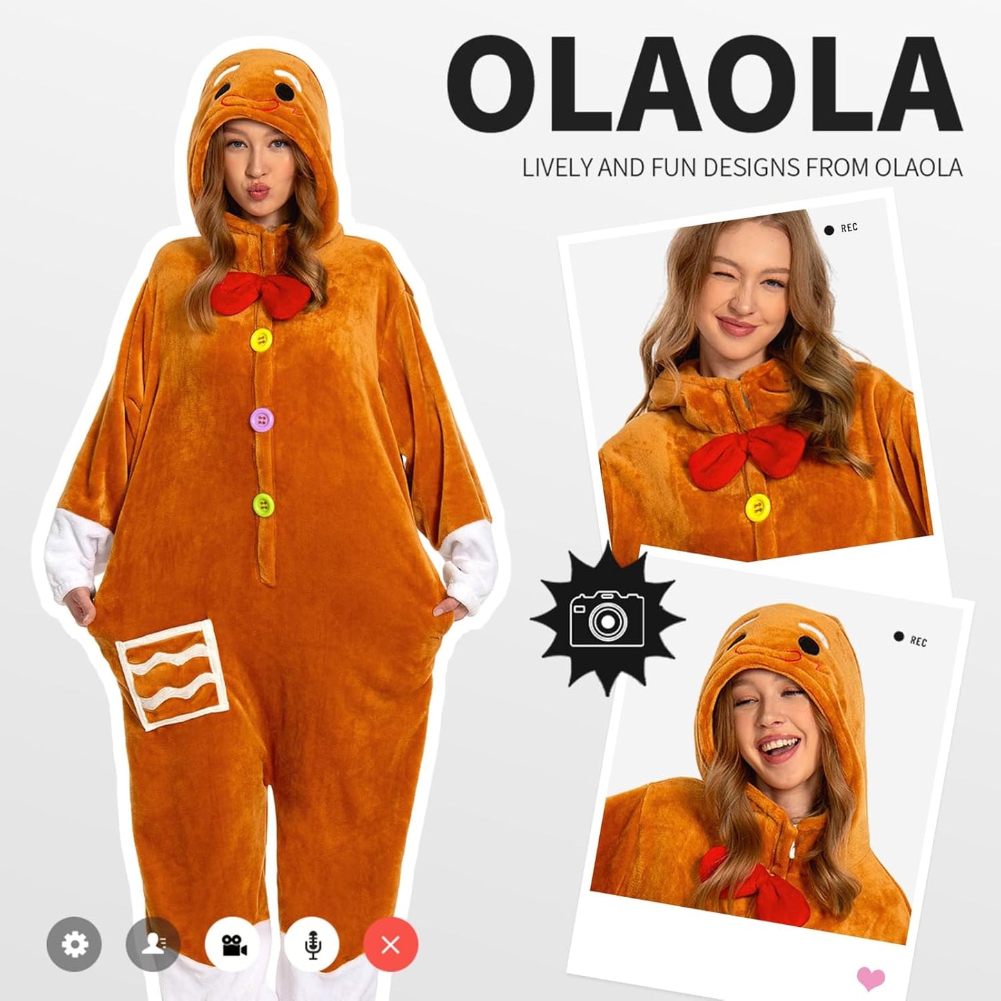 OLAOLA Unisex Adult Plush Gingerbread Onesie Christmas Pajamas Warm Home One-Piece Sleepwear
