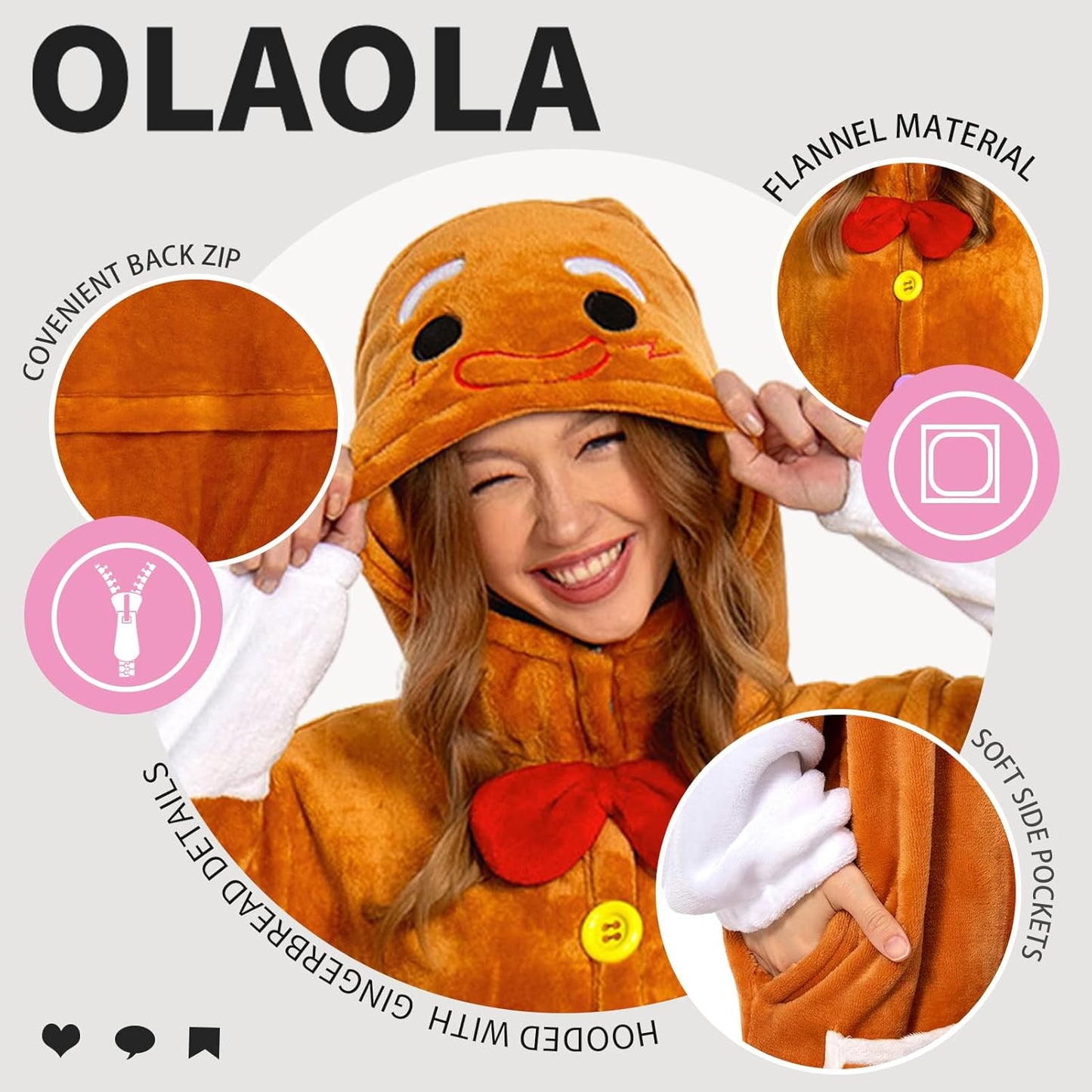 OLAOLA Unisex Adult Plush Gingerbread Onesie Christmas Pajamas Warm Home One-Piece Sleepwear