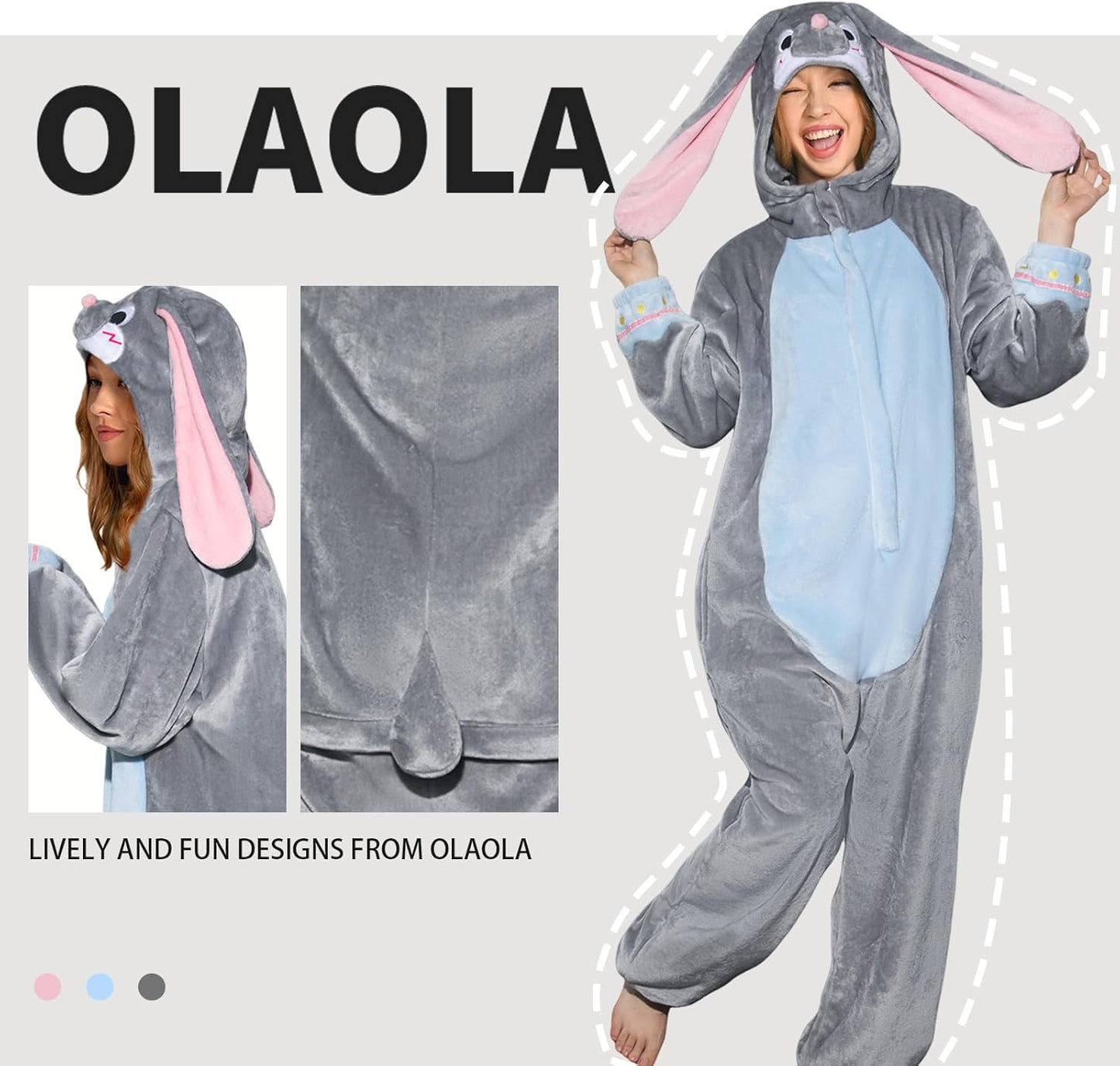 OLAOLA Unisex Adult Plush Gray Bunny Animals Onesie Pajamas Warm Easter Rabbit Homewear One-Piece Sleepwear