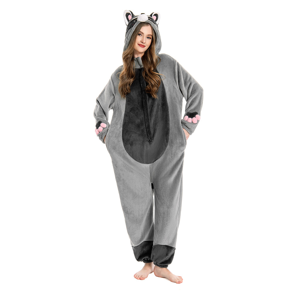 OLAOLA Unisex Adult Plush Light Gray Raccoon Animals Onesie Pajamas Warm Home One-Piece Sleepwear