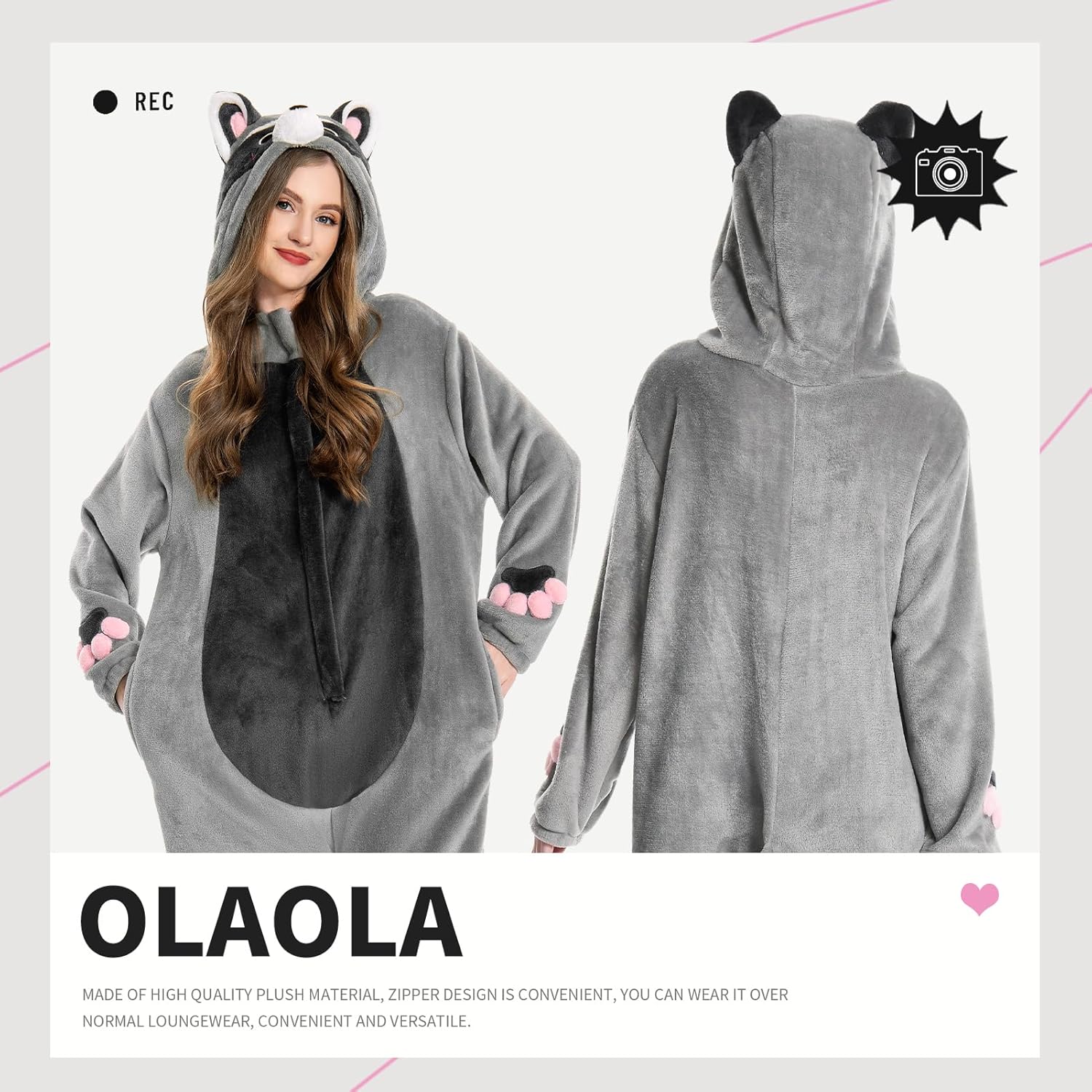 OLAOLA Unisex Adult Plush Light Gray Raccoon Animals Onesie Pajamas Warm Home One-Piece Sleepwear