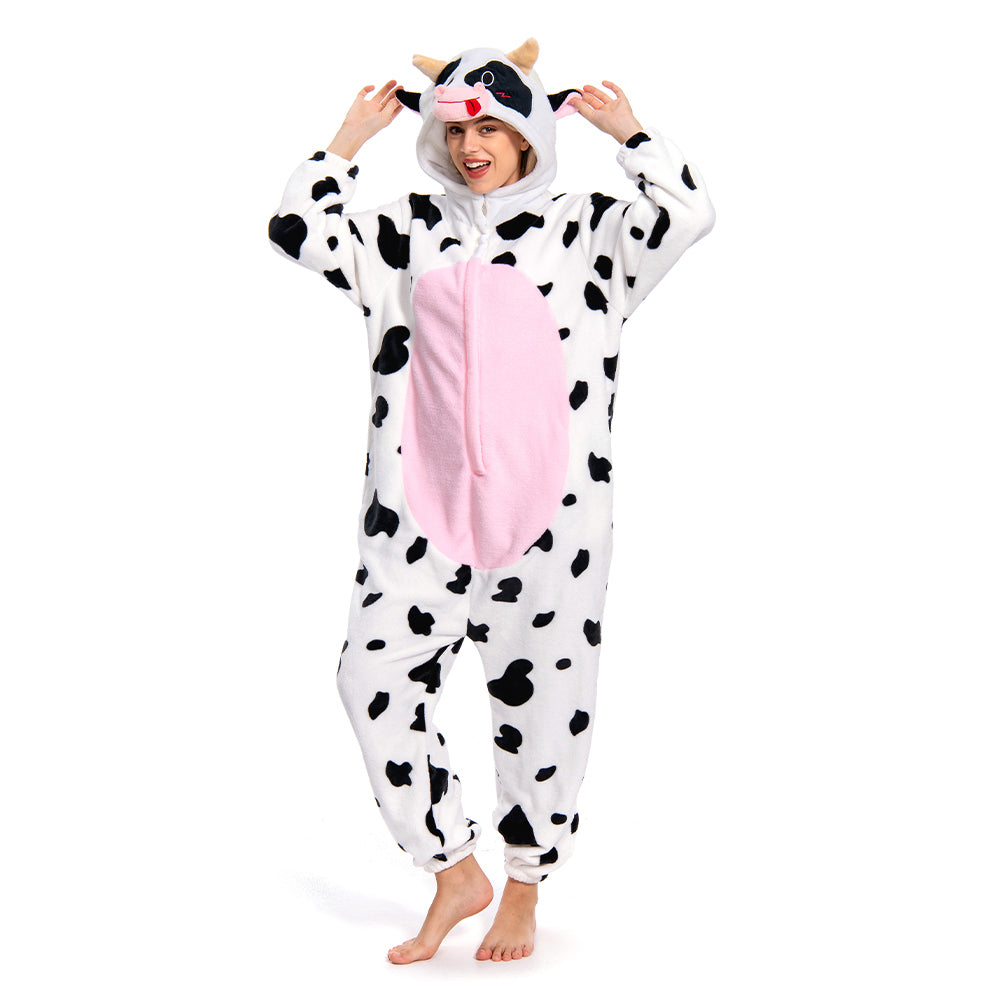OLAOLA Unisex Adult Plush Pink Cow Animals Onesie Pajamas Warm Home One-Piece Sleepwear