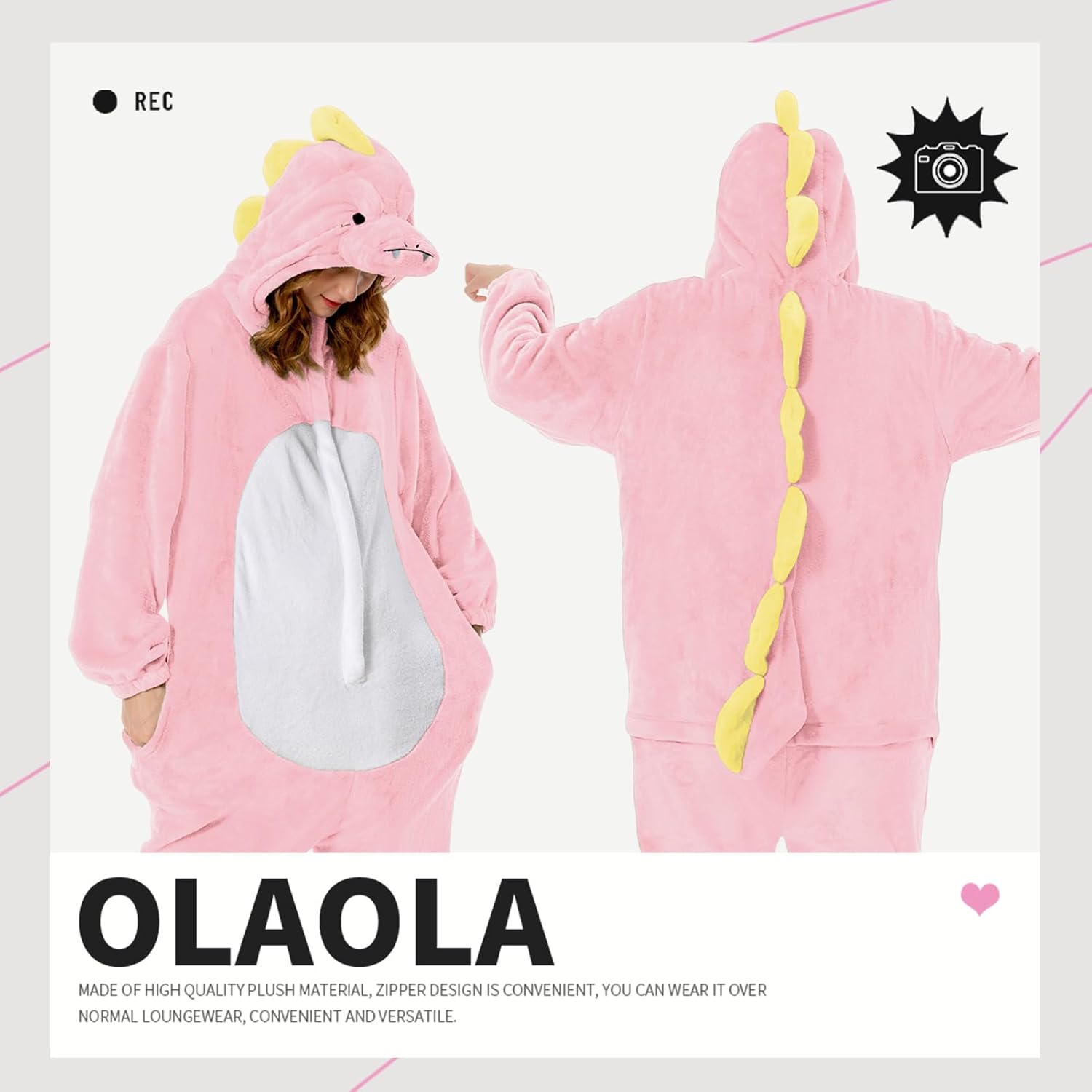 OLAOLA Unisex Adult Plush Pink Dinosaur Animals Onesie Pajamas Warm Home One-Piece Sleepwear