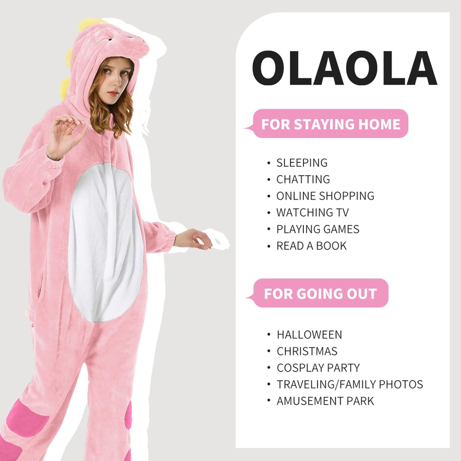 OLAOLA Unisex Adult Plush Pink Dinosaur Animals Onesie Pajamas Warm Home One-Piece Sleepwear