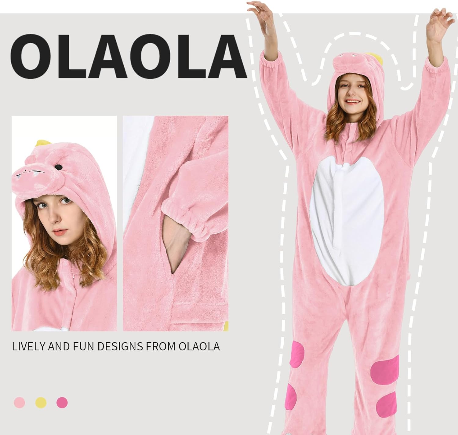 OLAOLA Unisex Adult Plush Pink Dinosaur Animals Onesie Pajamas Warm Home One-Piece Sleepwear