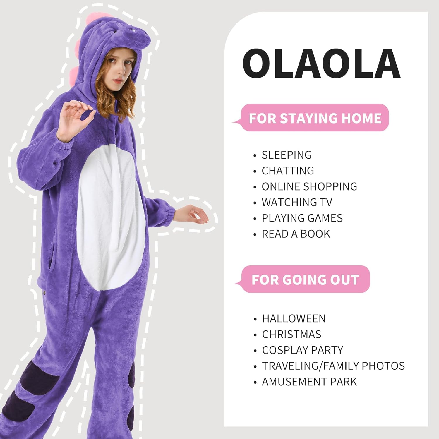 OLAOLA Unisex Adult Plush Purple Dinosaur Animals Onesie Pajamas Warm Home One-Piece Sleepwear
