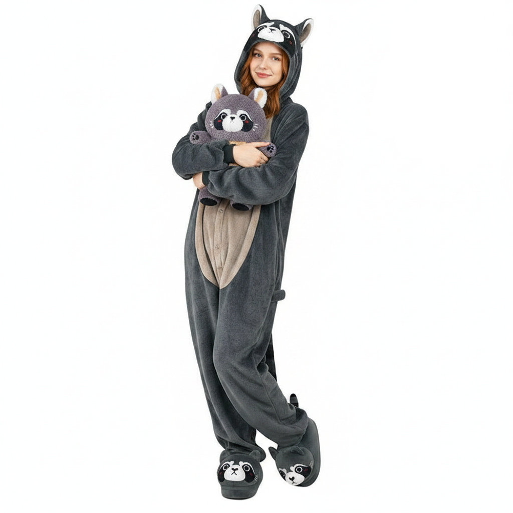 OLAOLA Unisex Adult Plush Raccoon Animals Onesie Pajamas Warm Home One-Piece Sleepwear