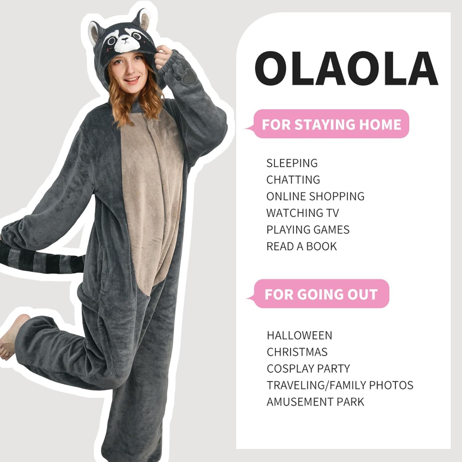 OLAOLA Unisex Adult Plush Raccoon Animals Onesie Pajamas Warm Home One-Piece Sleepwear