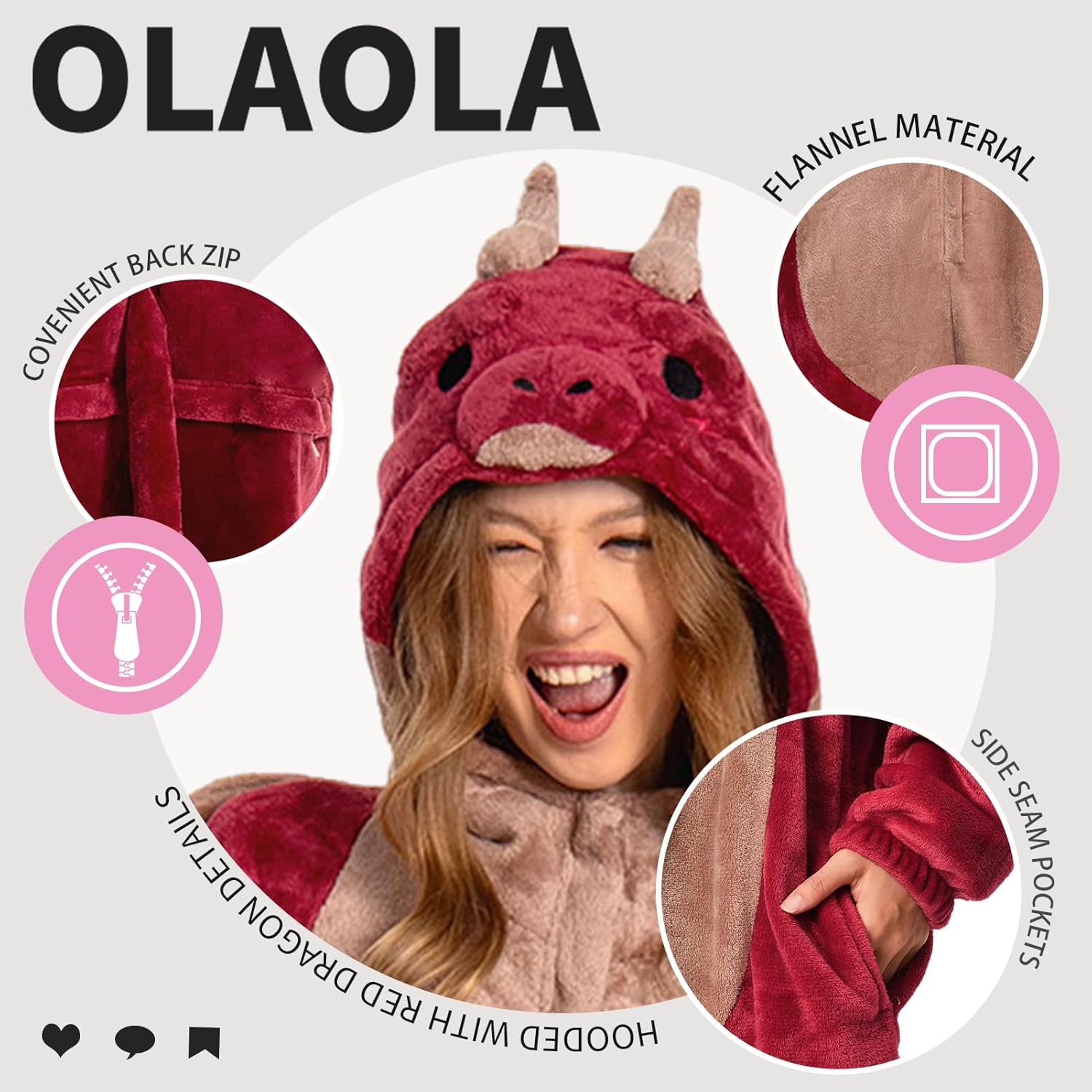 OLAOLA Unisex Adult Plush Red Dragon Animals Onesie Pajamas Warm Home One-Piece Sleepwear