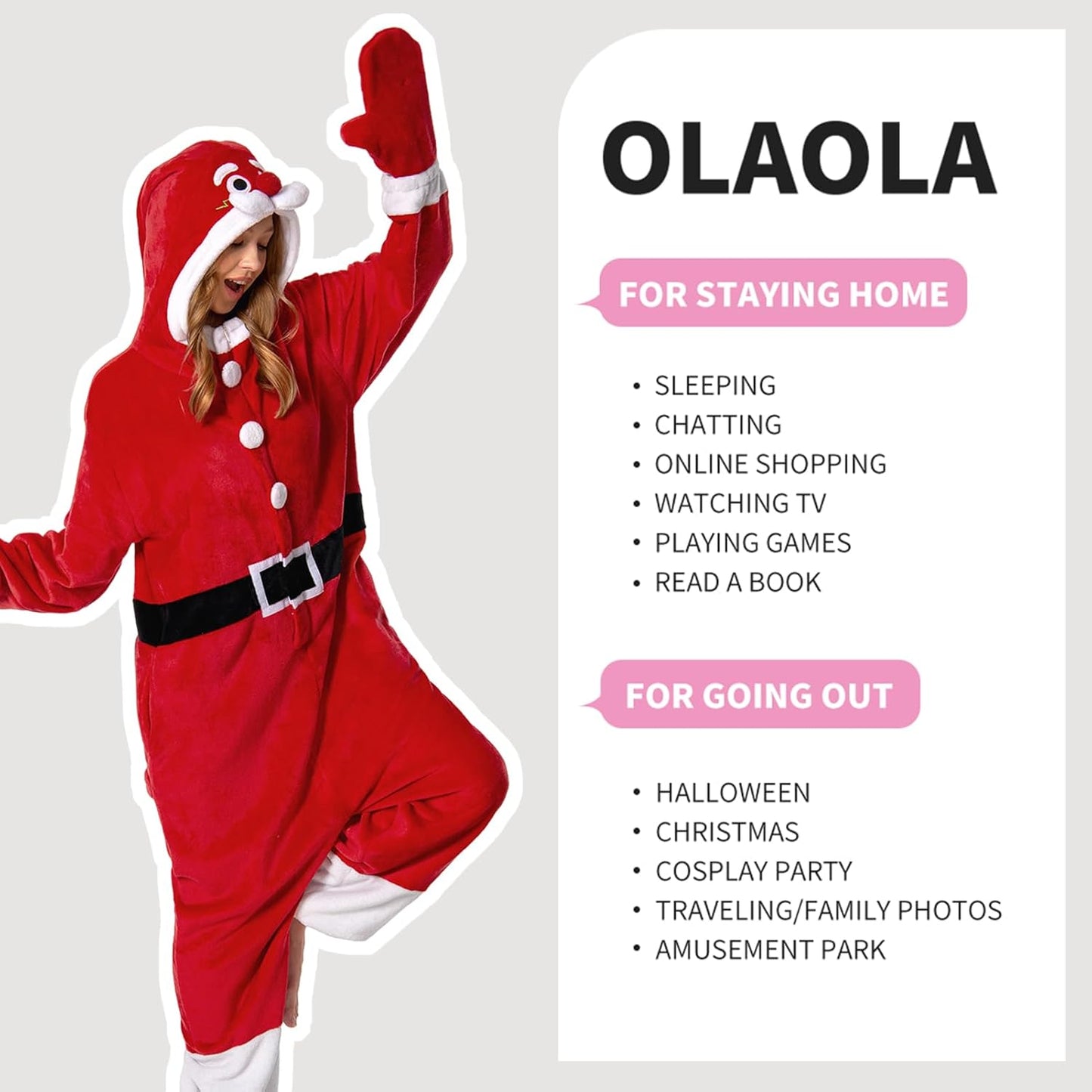 OLAOLA Unisex Adult Plush Santa Claus Onesie Christmas Pajamas Warm Home One-Piece Sleepwear