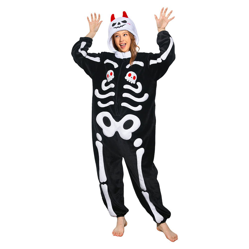 OLAOLA Unisex Adult Plush Skeleton Halloween Onesie Pajamas Warm Home One-Piece Sleepwear