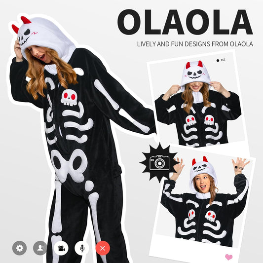 OLAOLA Unisex Adult Plush Skeleton Halloween Onesie Pajamas Warm Home One-Piece Sleepwear