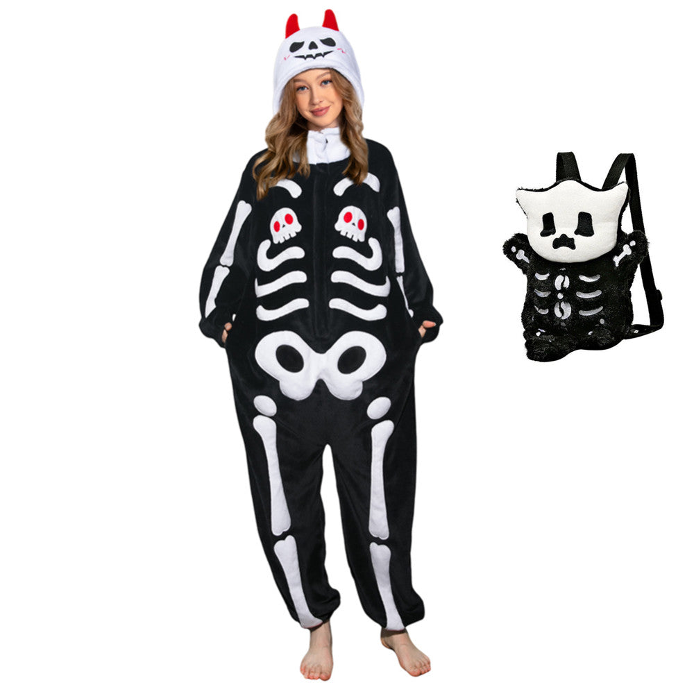 OLAOLA Unisex Adult Plush Skeleton Halloween Onesie Pajamas Warm Home One-Piece Sleepwear