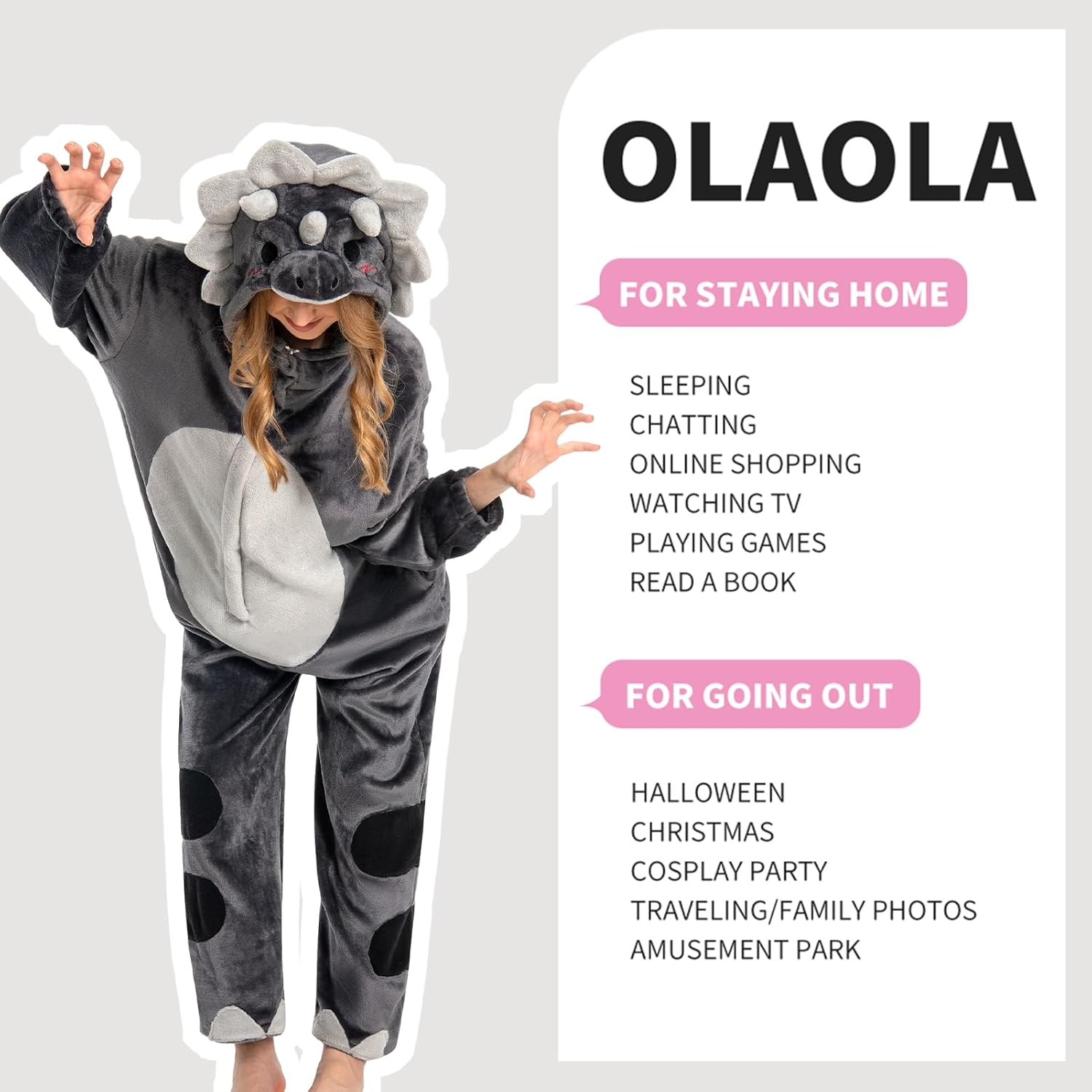 OLAOLA Unisex Adult Plush Triceratops Animals Onesie Dragon Pajamas Warm Home One-Piece Sleepwear