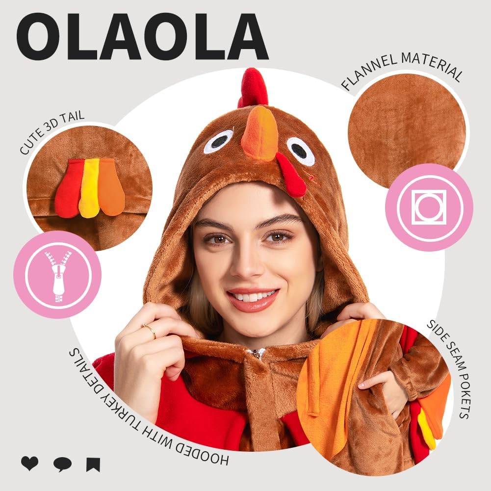 OLAOLA Unisex Adult Plush Turkey Animals Onesie Pajamas Warm Home One-Piece Sleepwear