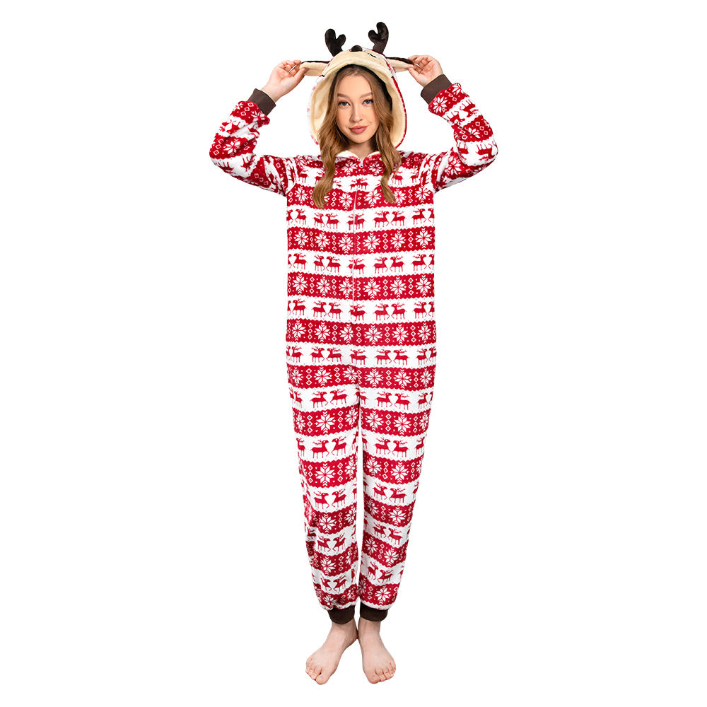 OLAOLA Unisex Adult Printed Christmas Elk Plush Onesie Pajamas Warm Home Sleepwear
