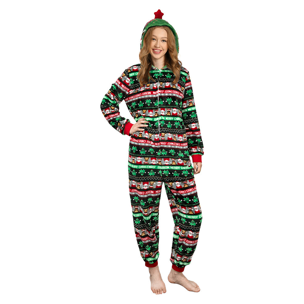 OLAOLA Unisex Adult Printed Green Christmas Tree Plush Onesie Pajamas Warm Home Sleepwear