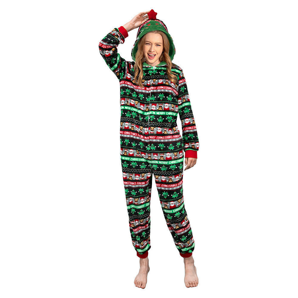 OLAOLA Unisex Adult Printed Green Christmas Tree Plush Onesie Pajamas Warm Home Sleepwear