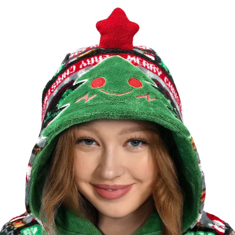 OLAOLA Unisex Adult Printed Green Christmas Tree Plush Onesie Pajamas Warm Home Sleepwear