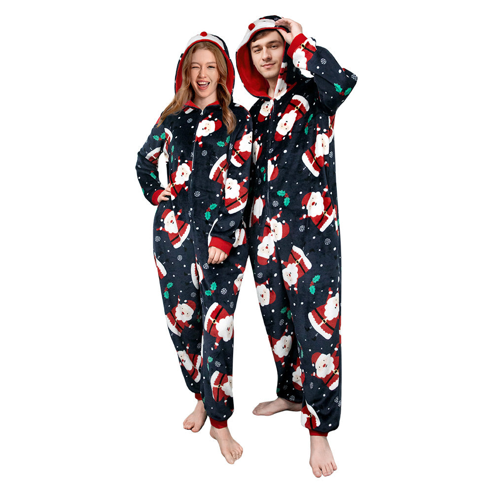 OLAOLA Unisex Adult Printed Santa Claus Christmas Plush Onesie Pajamas Warm Home Sleepwear
