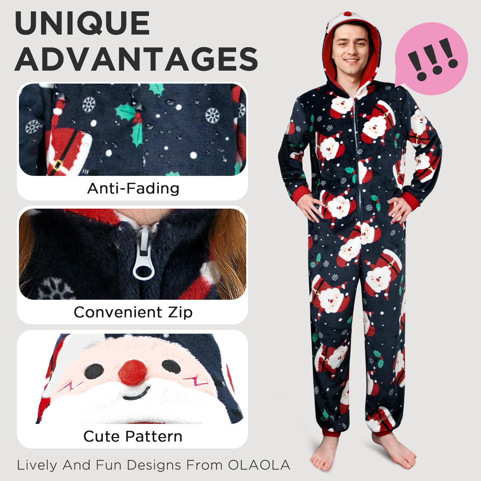 OLAOLA Unisex Adult Printed Santa Claus Christmas Plush Onesie Pajamas Warm Home Sleepwear