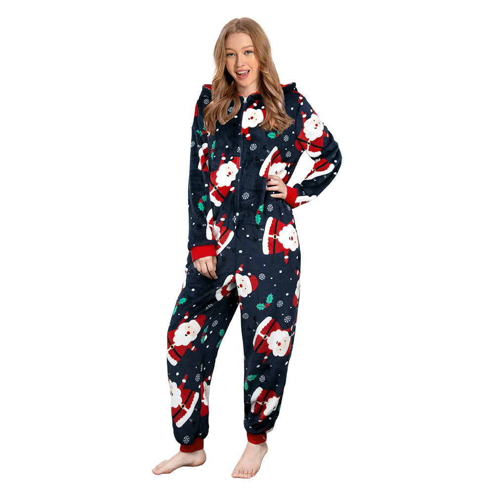 OLAOLA Unisex Adult Printed Santa Claus Christmas Plush Onesie Pajamas Warm Home Sleepwear