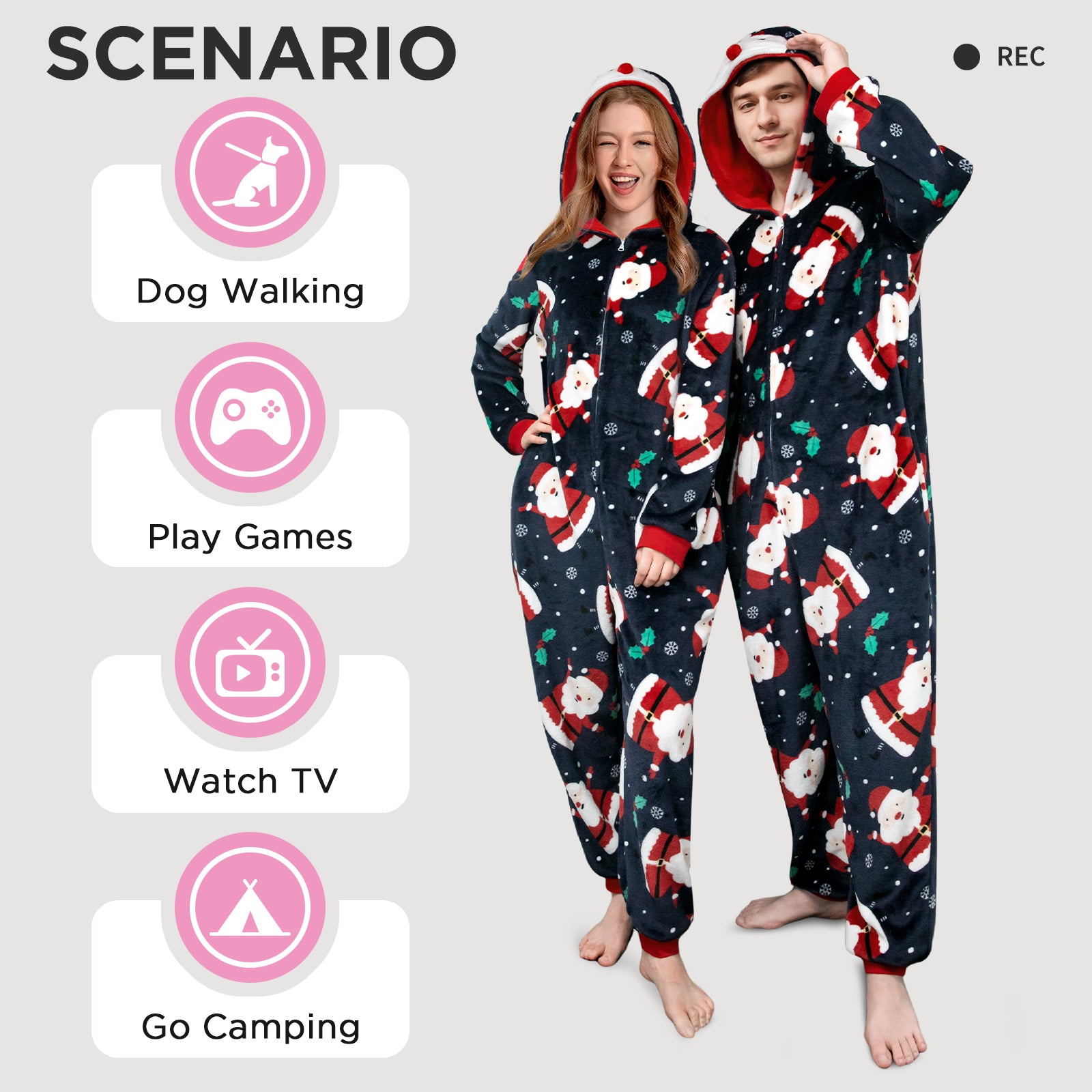 OLAOLA Unisex Adult Printed Santa Claus Christmas Plush Onesie Pajamas Warm Home Sleepwear