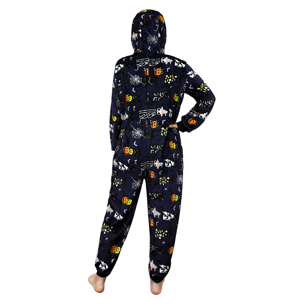 OLAOLA Unisex Adult Printed Skull Halloween Plush Onesie Pajamas Warm Home One-Piece Sleepwear