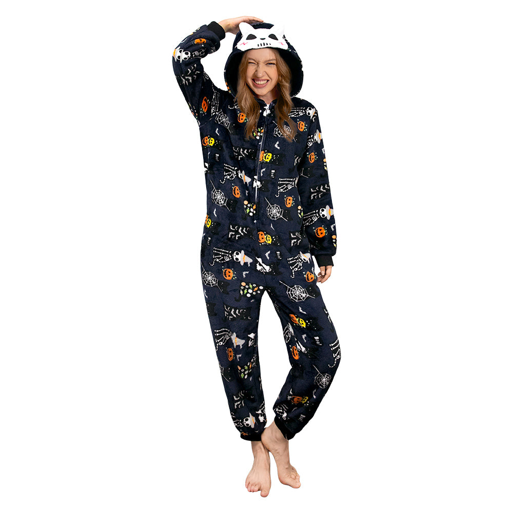 OLAOLA Unisex Adult Printed Skull Halloween Plush Onesie Pajamas Warm Home One-Piece Sleepwear