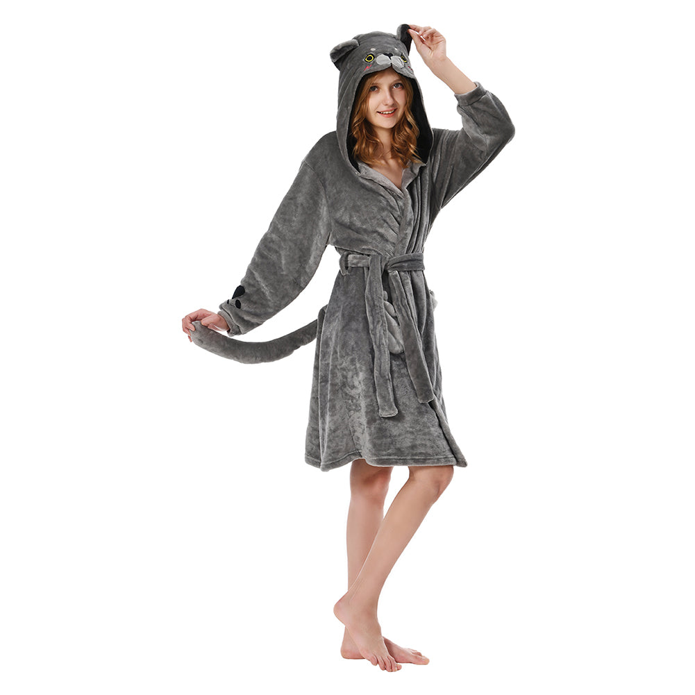 OLAOLA Women Adult Blue Cat Animal Onesie Plush Bathrobe Soft Flannel Warm Home Robe