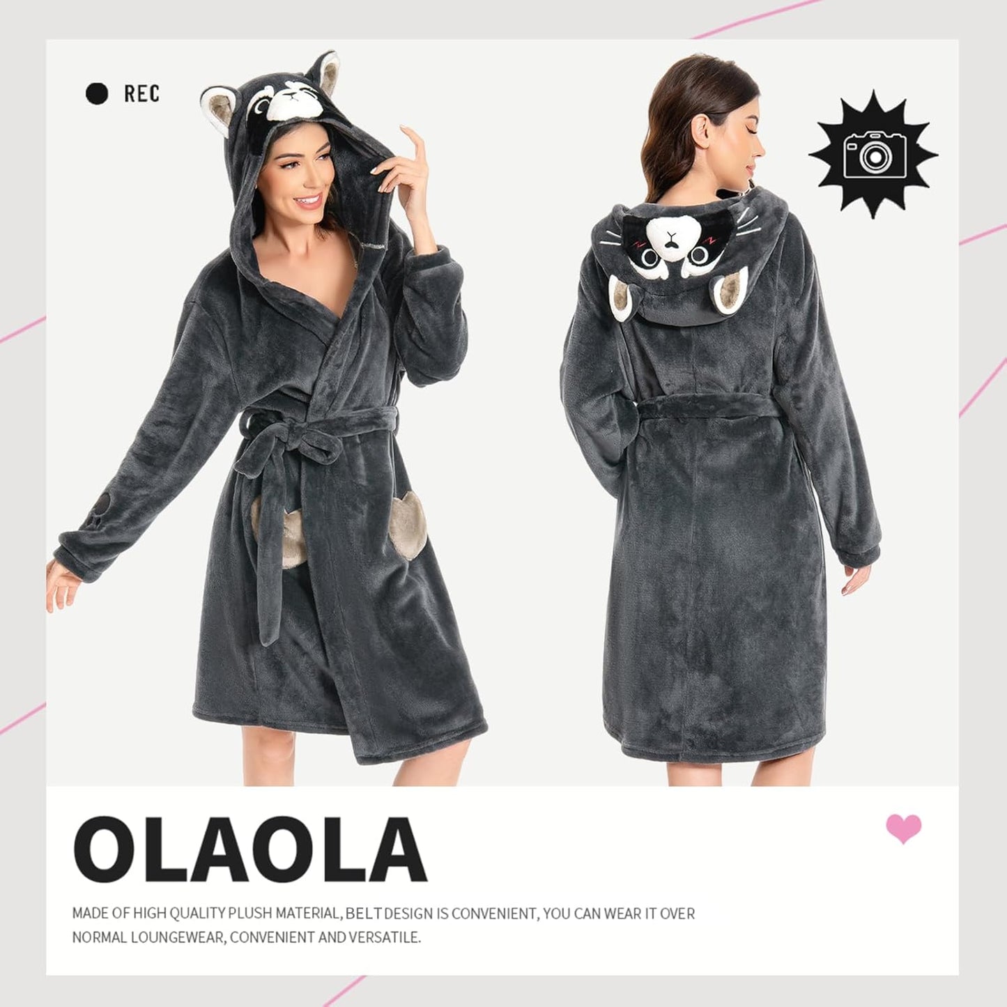 OLAOLA Women Adult Raccoon Animal Onesie Plush Bathrobe Soft Flannel Warm Home Robe